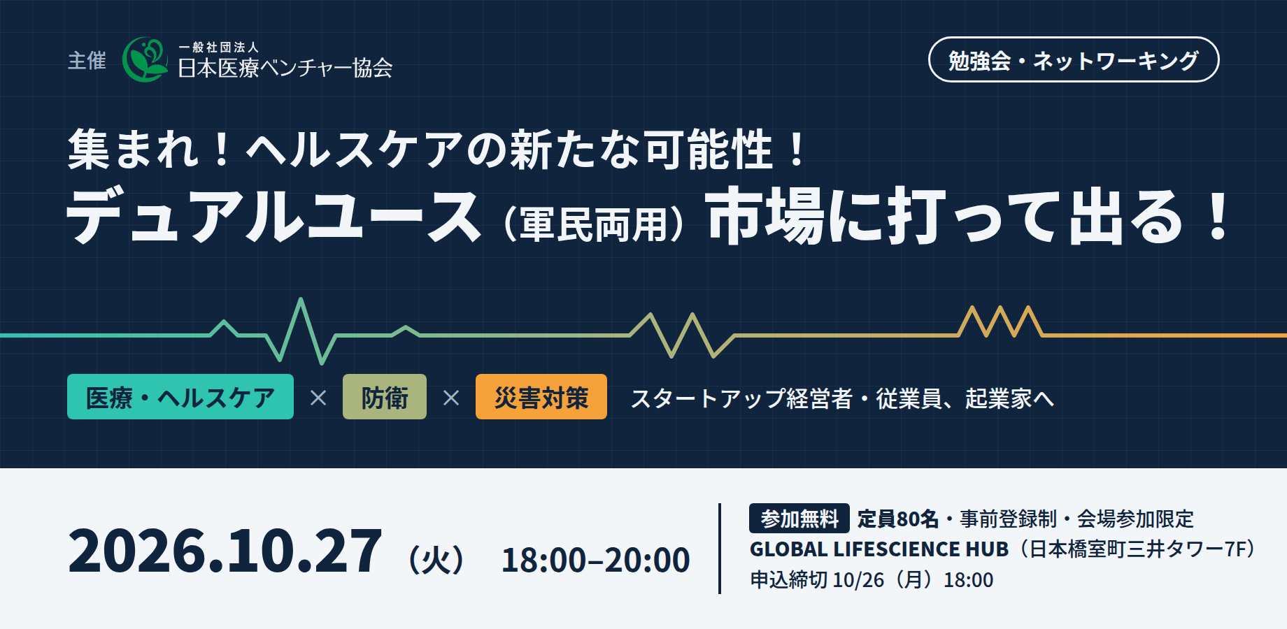 参加者募集！【 参加無料・会場参加のみ・交流時間あり】『集まれ！ヘルスケアの新たな可能性！デュアルユース（軍民両用）市場に 打って出る！勉強会・ネットワーキング』